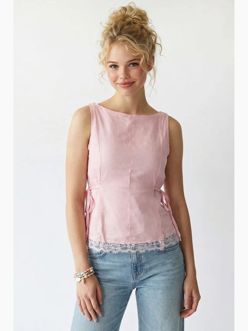 Blusa sem mangas em popelina com amarração mixray - Kiabi Blusa sem mangas em popelina com amarração mixray - Kiabi