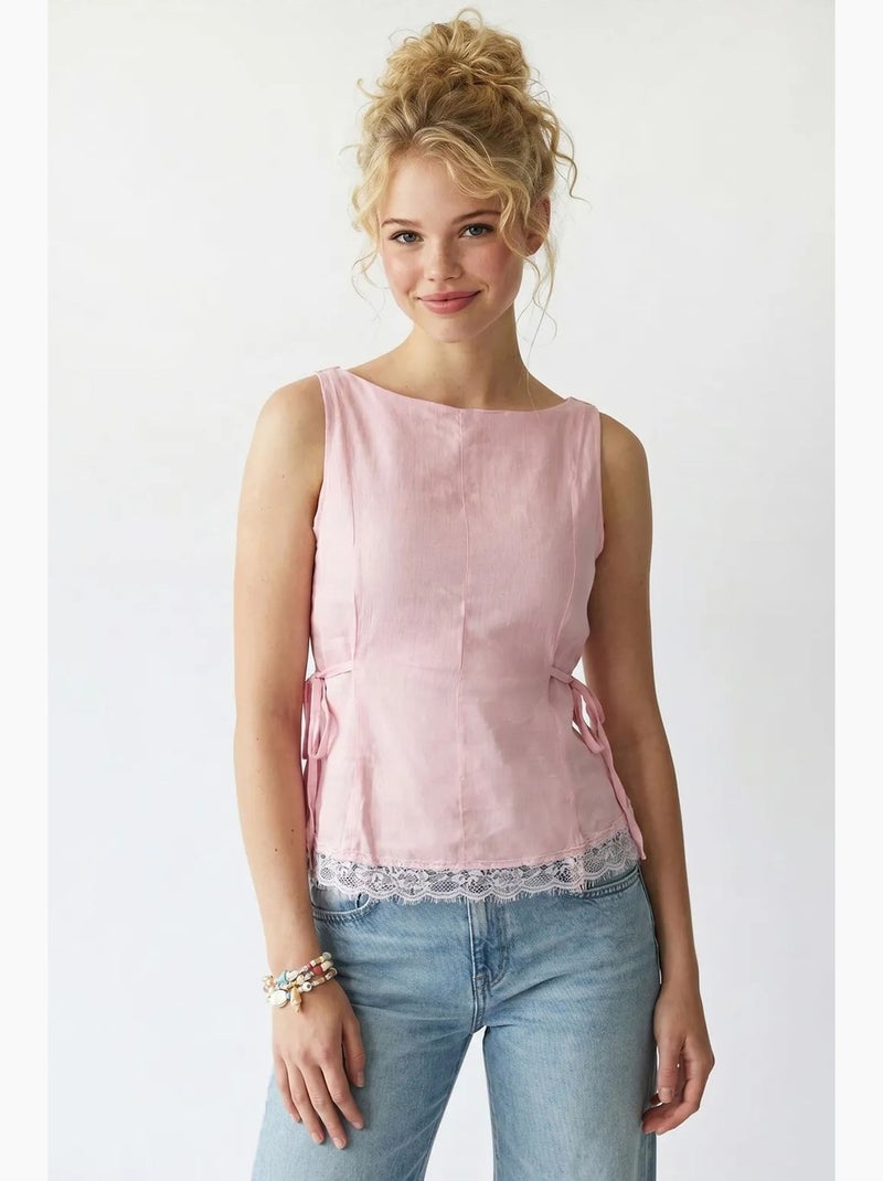 Blusa sem mangas em popelina com amarração mixray Rosa-claro - Kiabi