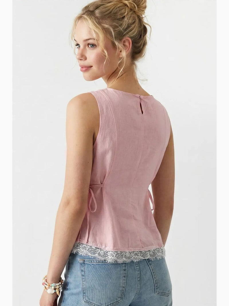 Blusa sem mangas em popelina com amarração mixray Rosa-claro - Kiabi