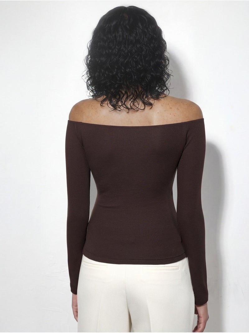 Blusa slim de manga comprida com decote em v busem Castanho-chocolate - Kiabi