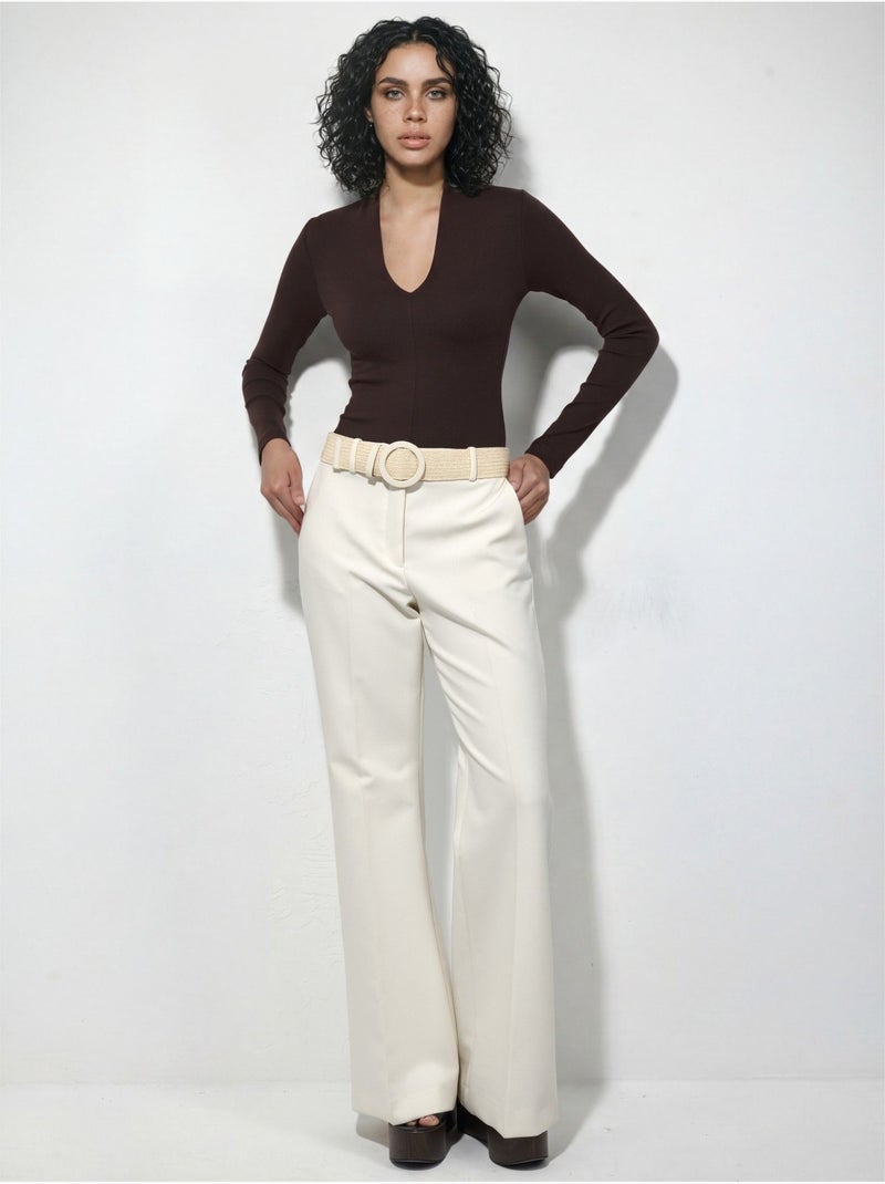 Blusa slim de manga comprida com decote em v busem Castanho-chocolate - Kiabi