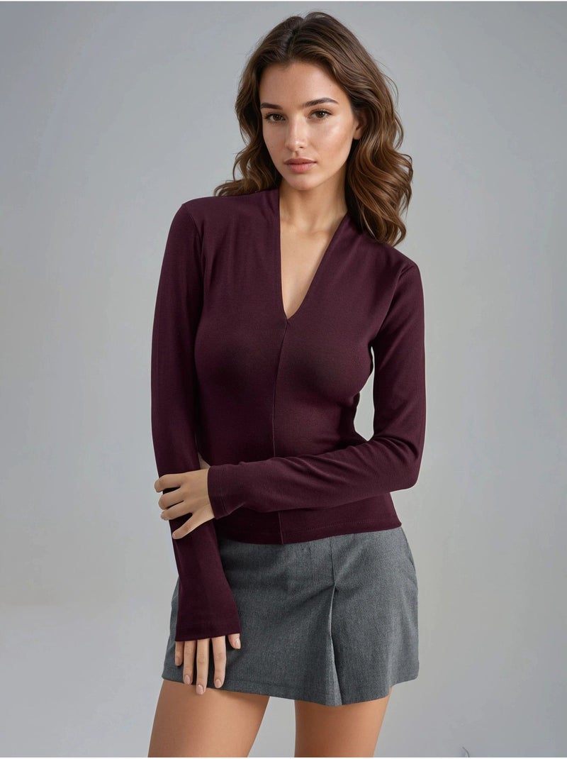 Blusa slim de manga comprida com decote em v busem Malva - Kiabi