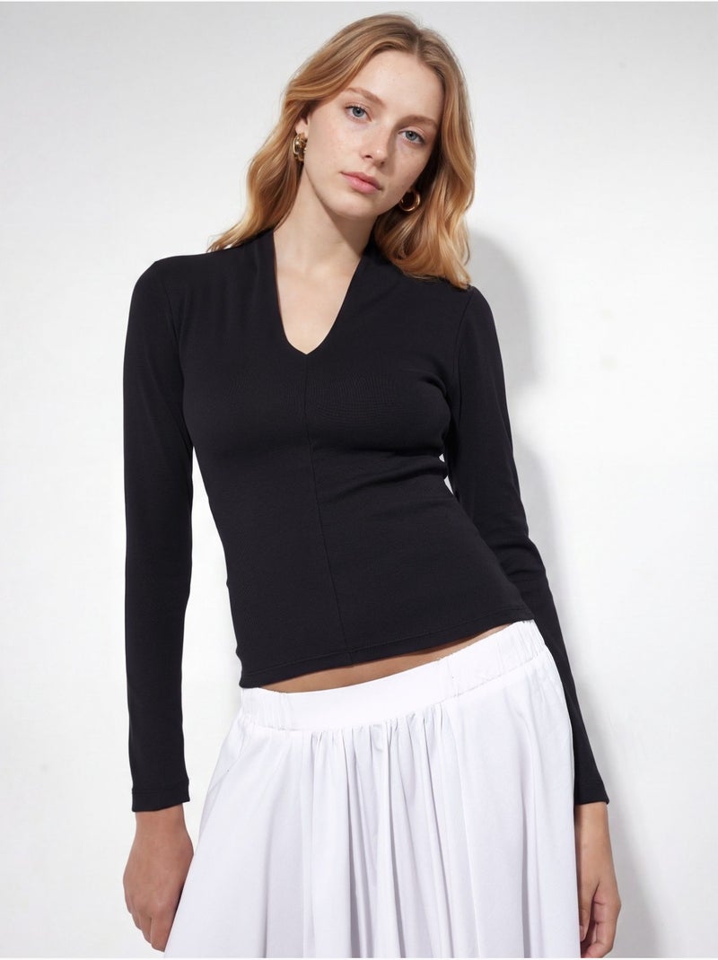 Blusa slim de manga comprida com decote em v busem Preto - Kiabi