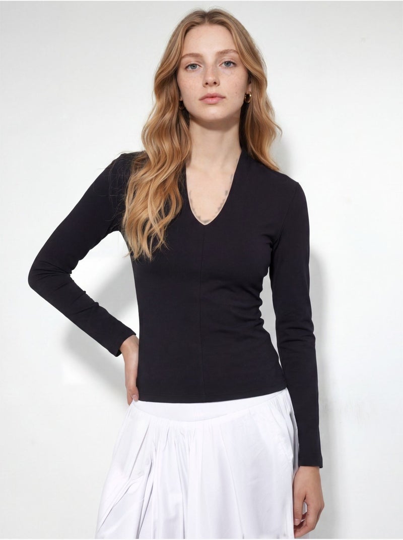 Blusa slim de manga comprida com decote em v busem Preto - Kiabi