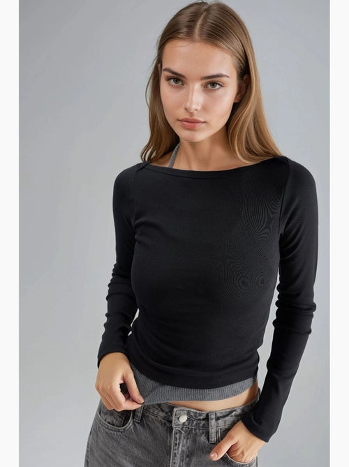 Blusa slim fit canelada com decote barco busem - Kiabi Blusa slim fit canelada com decote barco busem - Kiabi