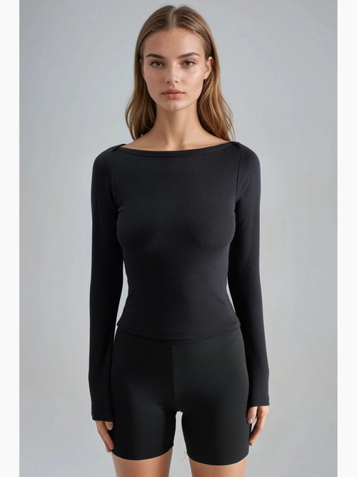 Blusa slim fit canelada com decote barco busem - Kiabi Blusa slim fit canelada com decote barco busem - Kiabi