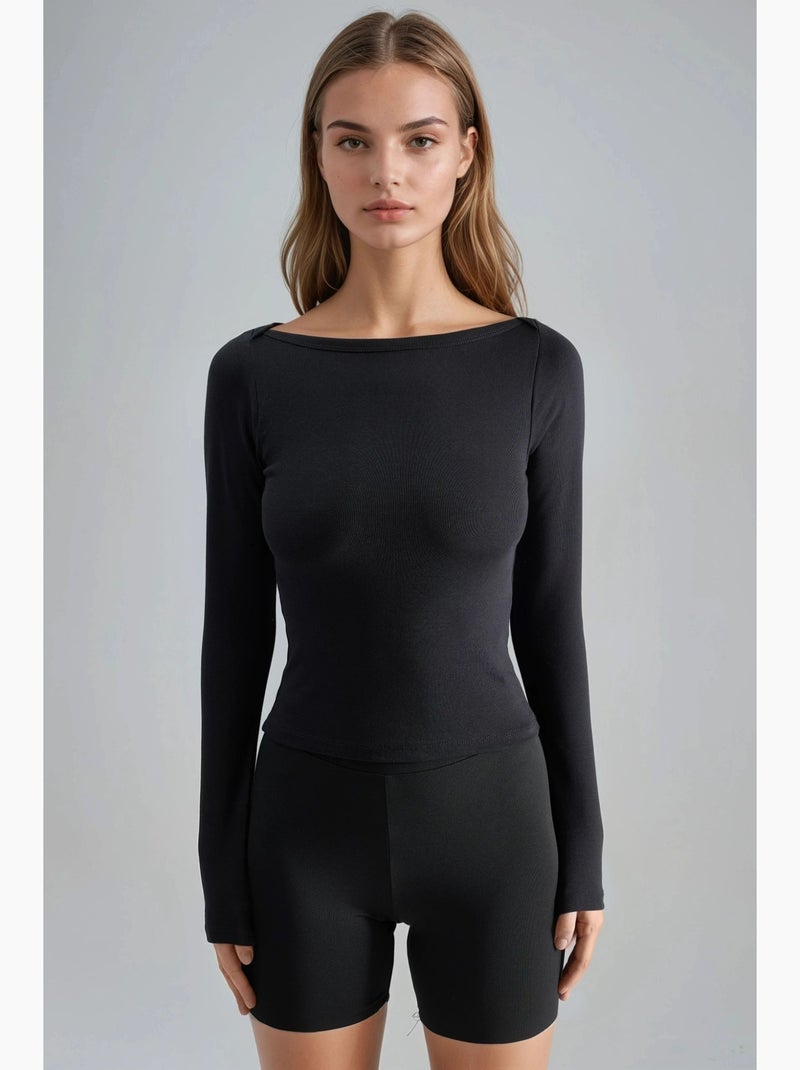 Blusa slim fit canelada com decote barco busem Preto - Kiabi