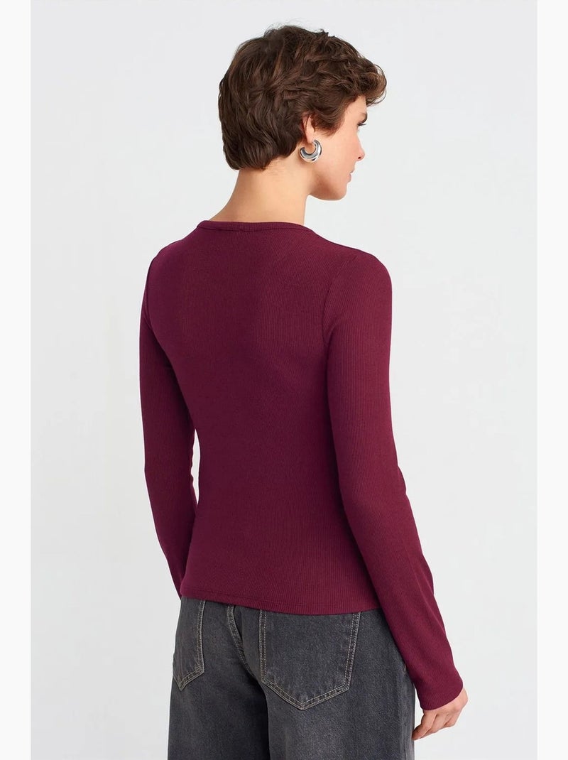Blusa slim fit canelada com fecho de botões à frente dilvin Vermelho bordô - Kiabi