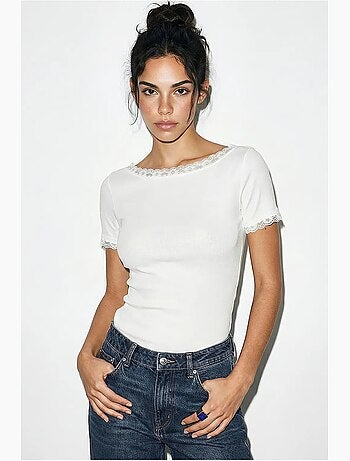 Blusa slim fit com decote barco em renda lucci