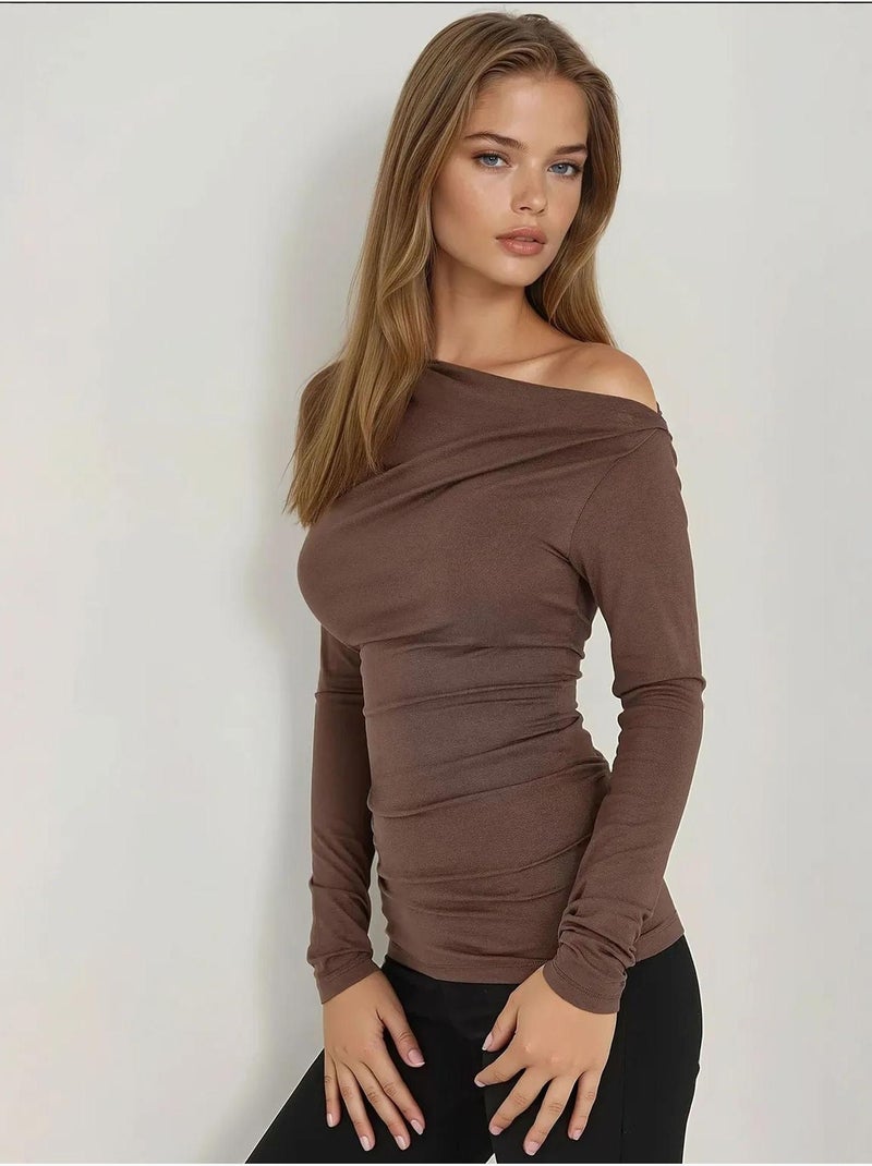 Blusa slim fit com gola assimétrica e manga comprida hiccup Castanho - Kiabi