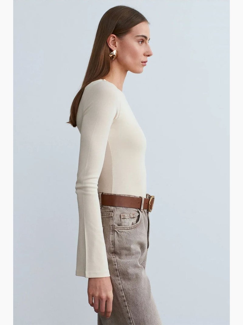 Blusa slim fit de manga comprida com decote redondo dilvin Creme - Kiabi