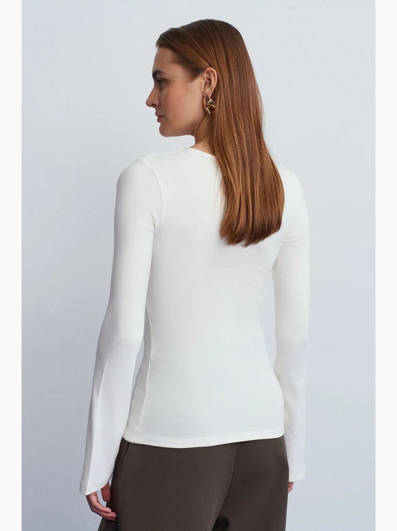 Blusa slim fit de manga comprida com decote redondo dilvin Ecru - Kiabi