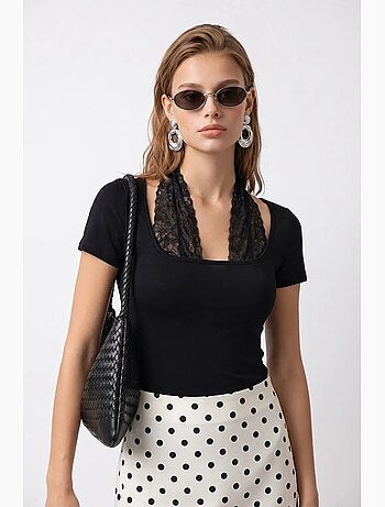 Blusa slim fit de viscose com decote em u e renda mixray