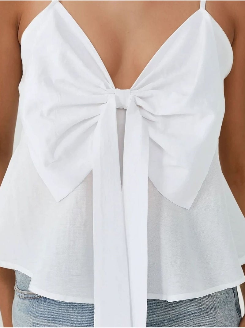 Blusa soft touch com decote em v e detalhe de laço hiccup Branco - Kiabi