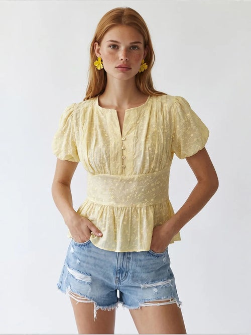 Blusa tecida com decote em v bordada mixray - Kiabi