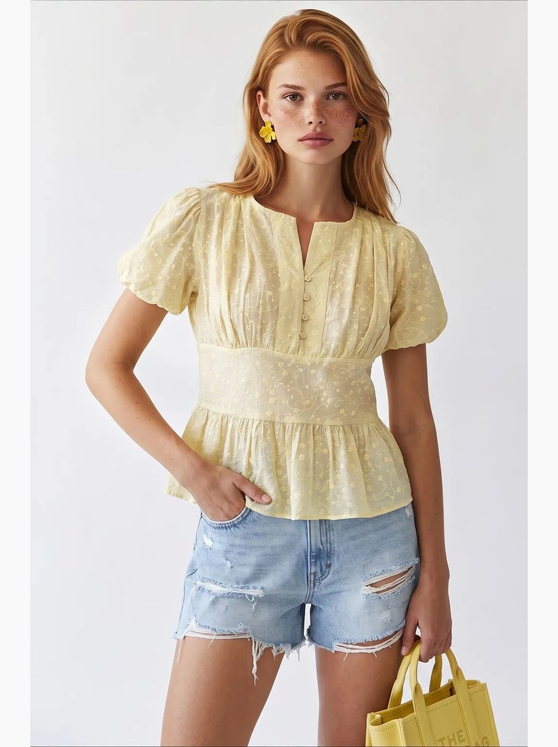 Blusa tecida com decote em v bordada mixray Amarelo-limão - Kiabi