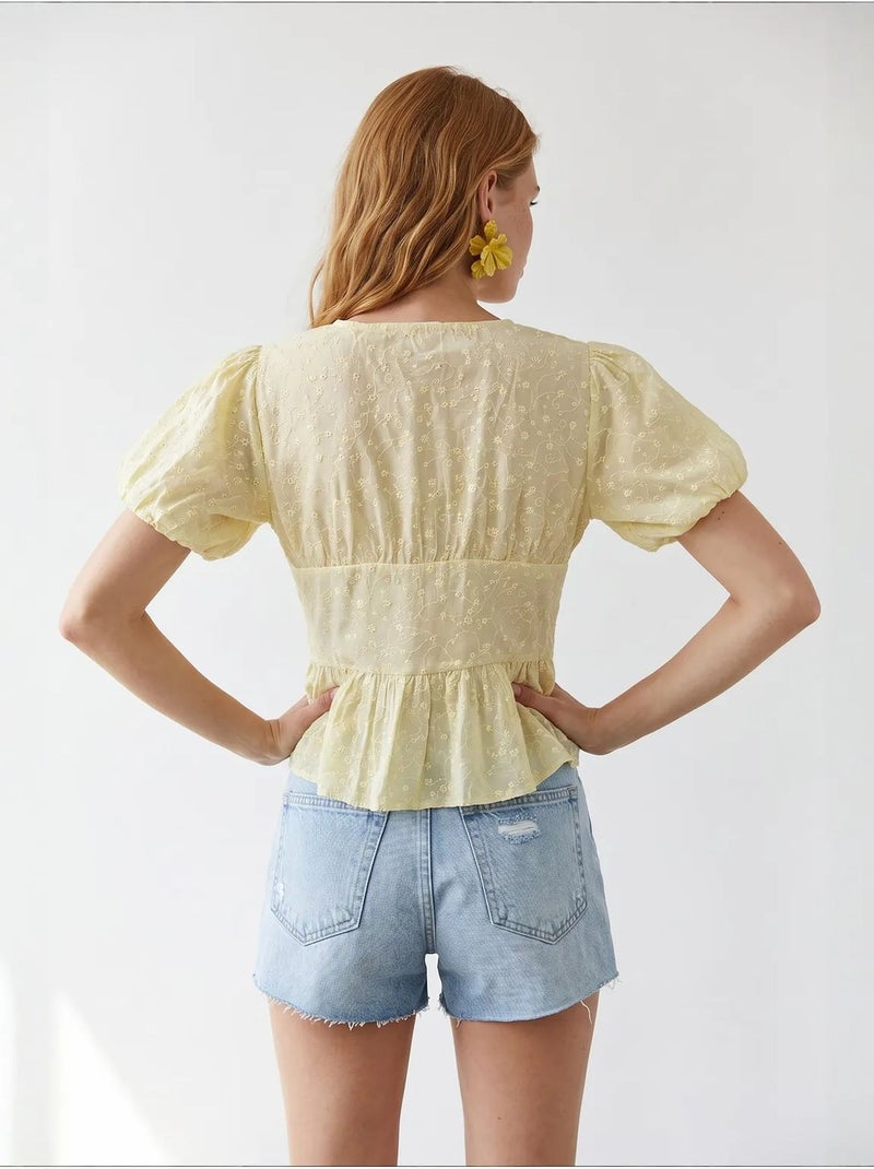 Blusa tecida com decote em v bordada mixray Amarelo-limão - Kiabi