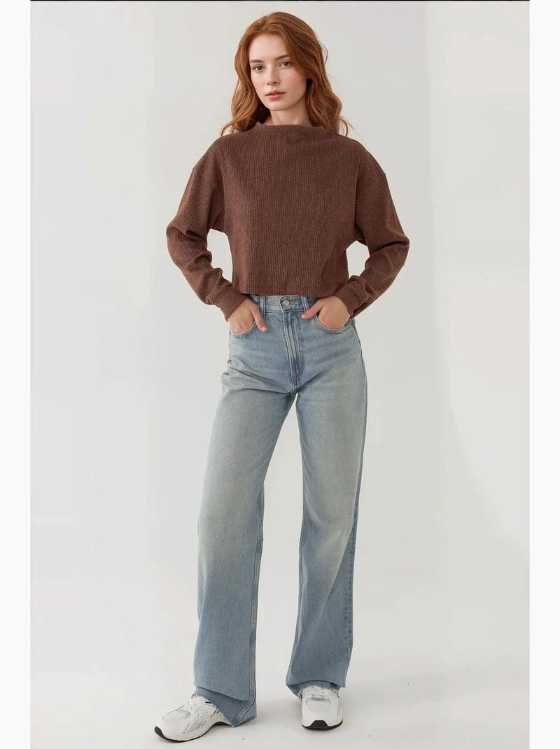 Blusa texturizada com decote em bico hiccup Castanho-claro - Kiabi