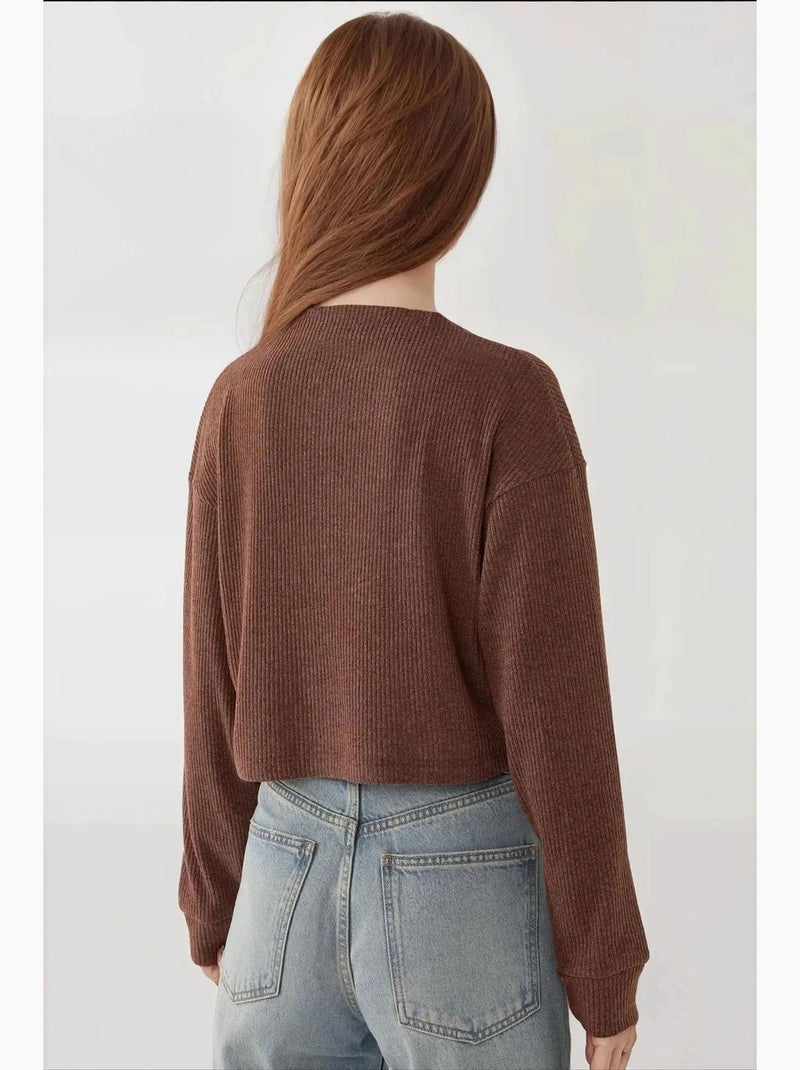 Blusa texturizada com decote em bico hiccup Castanho-claro - Kiabi