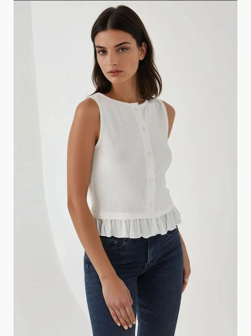 Blusa texturizada de gola redonda com detalhe de folhos hiccup Branco - Kiabi