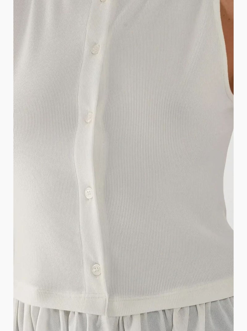Blusa texturizada de gola redonda com detalhe de folhos hiccup Branco - Kiabi