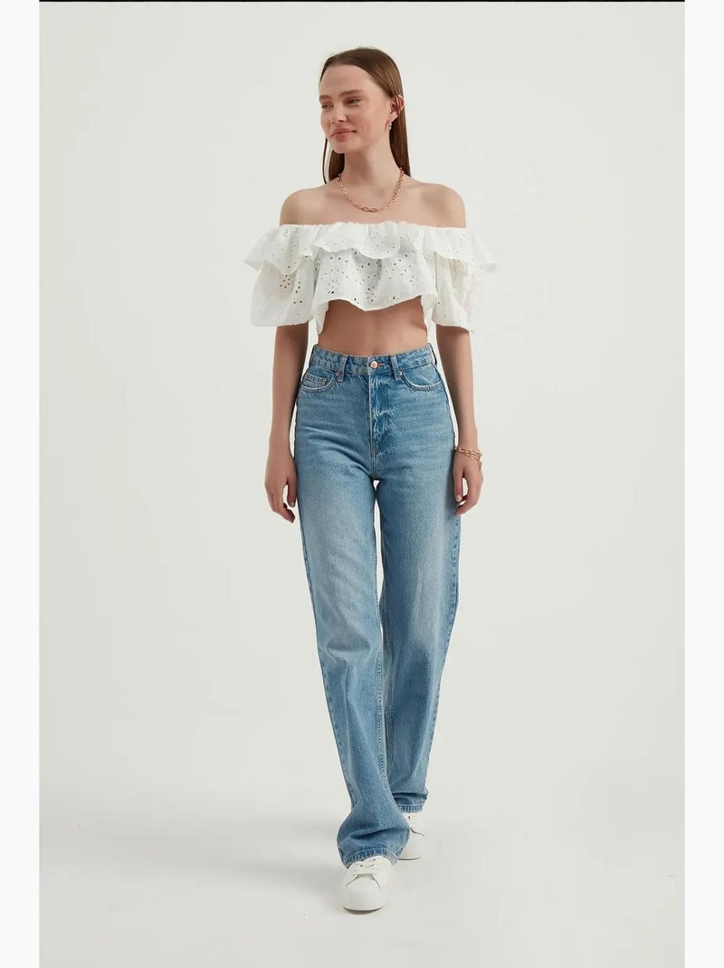 Blusa texturizada de ombro a ombro com folhos e mangas balão hiccup Branco - Kiabi