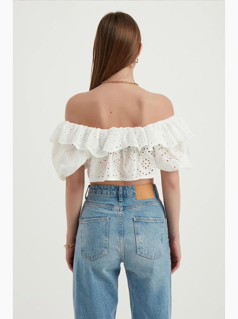 Blusa texturizada de ombro a ombro com folhos e mangas balão hiccup Branco - Kiabi