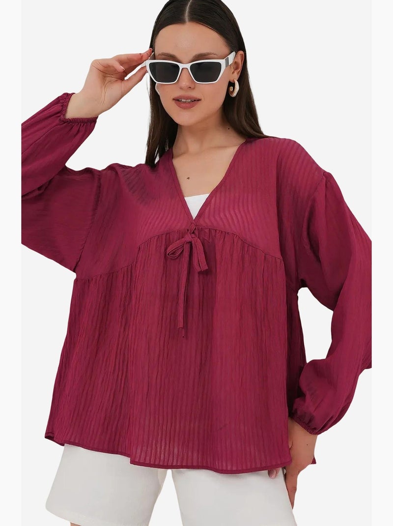 Blusa texturizada seersucker decote em v com laço bdart Vermelho bordô - Kiabi