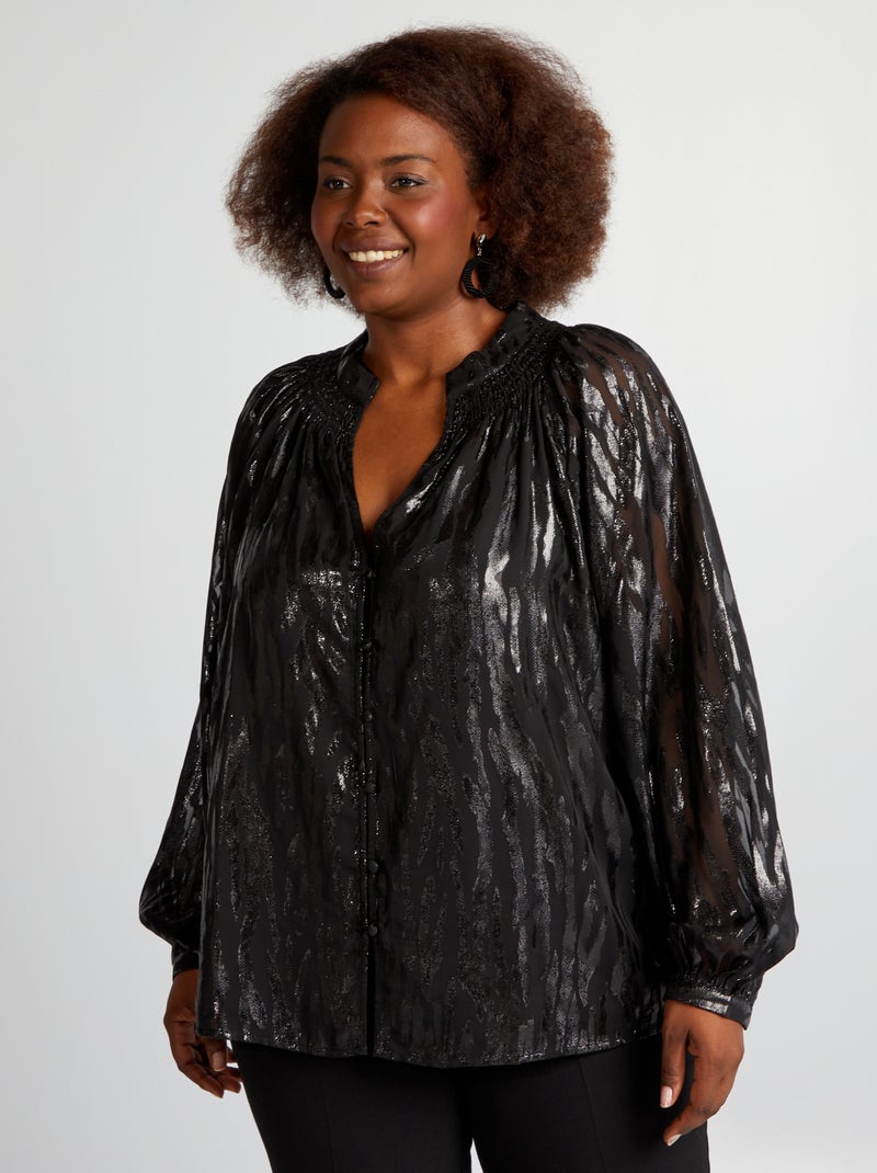 Blusa tipo balão em malha acetinada Preto - Kiabi