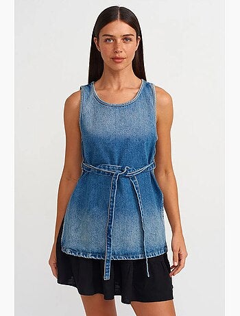 Blusa túnica em ganga de algodão com detalhe de atar dilvin