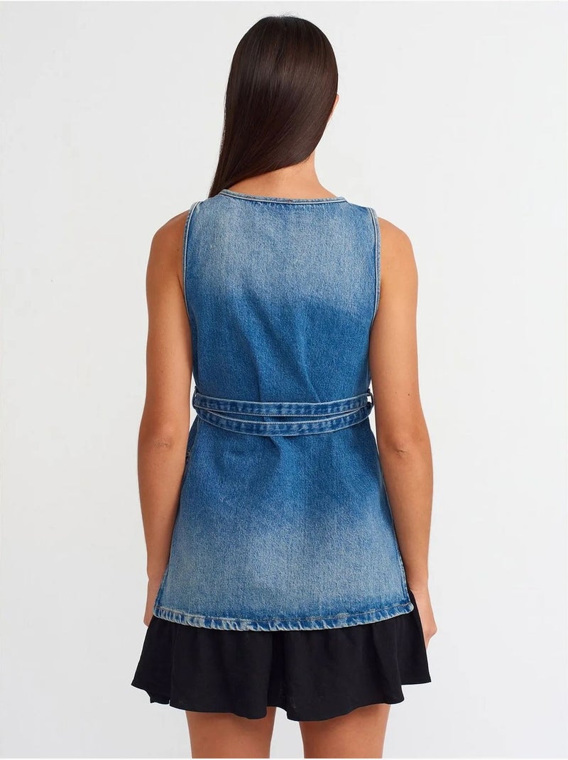 Blusa túnica em ganga de algodão com detalhe de atar dilvin Azul-safira - Kiabi