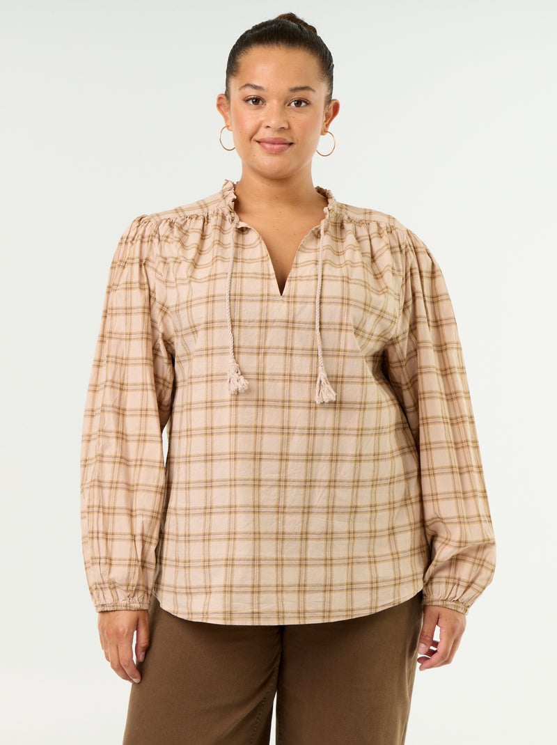 Blusa xadrez com decote com laço Bege - Kiabi