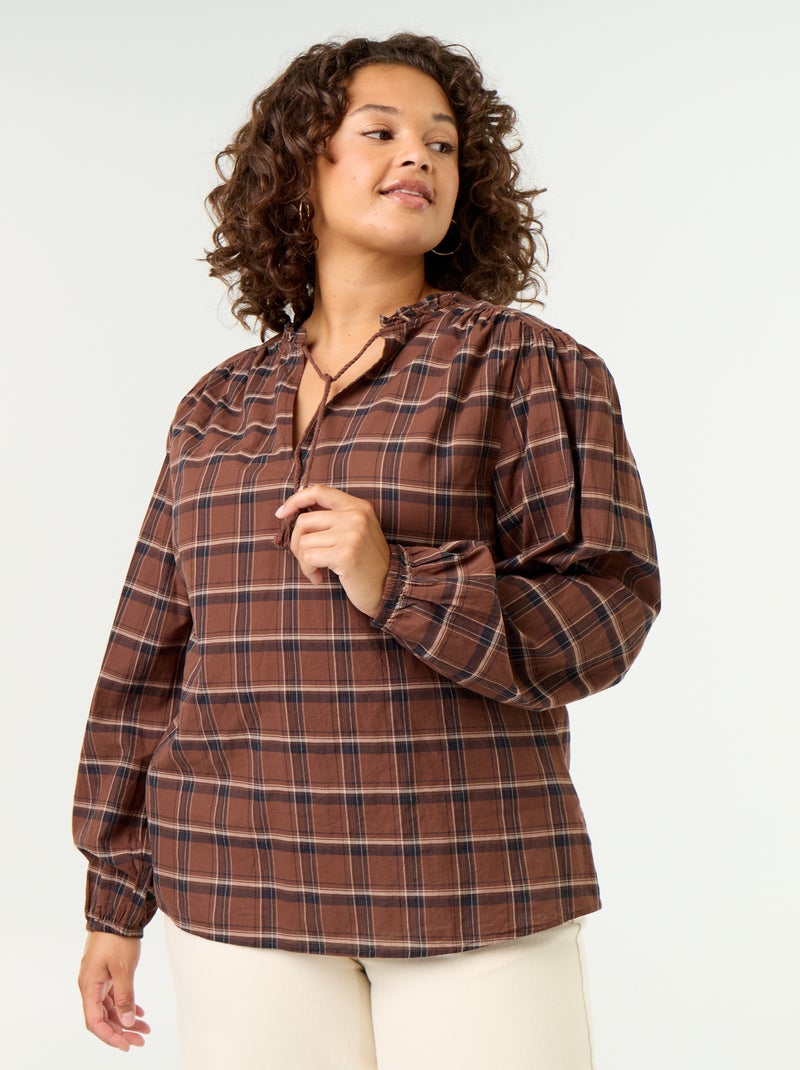 Blusa xadrez com decote com laço Castanho - Kiabi