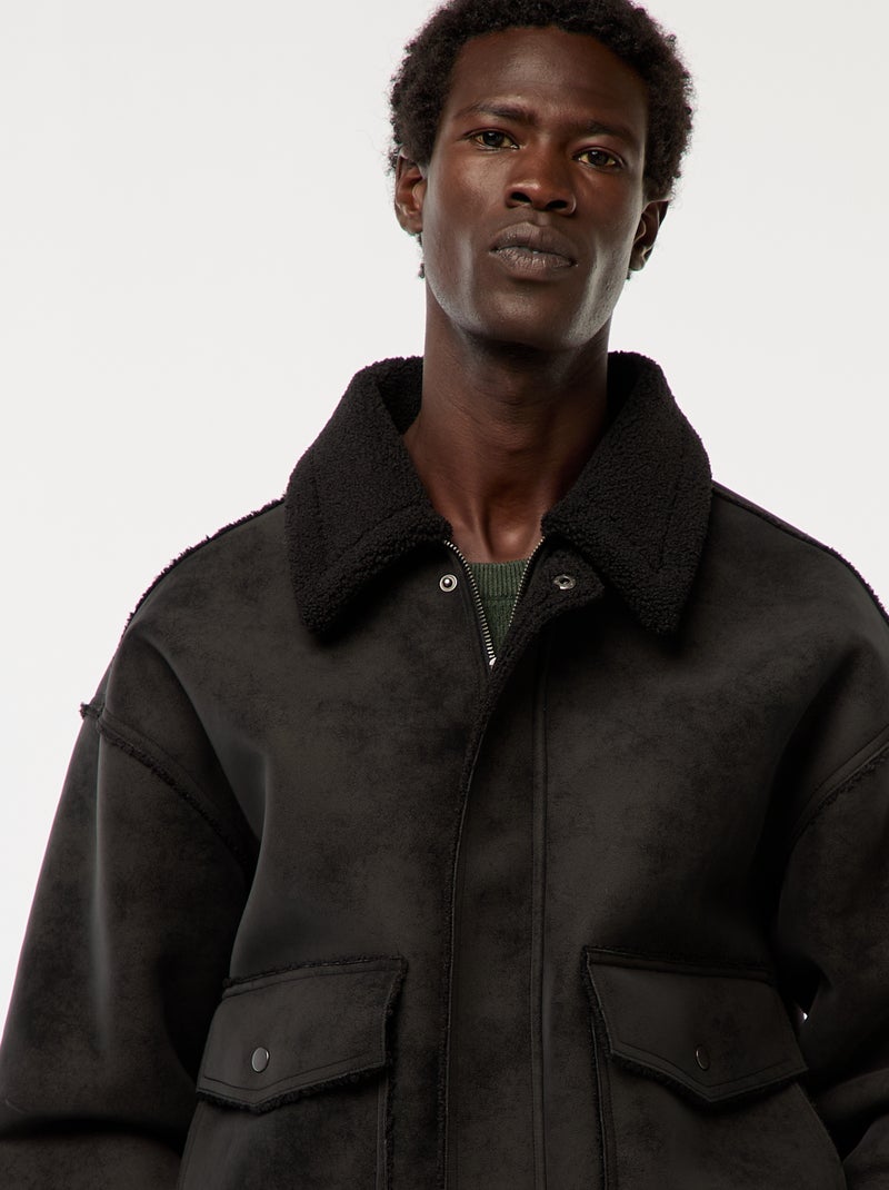 Blusão de aviador estilo pele com gola efeito borrego Preto - Kiabi