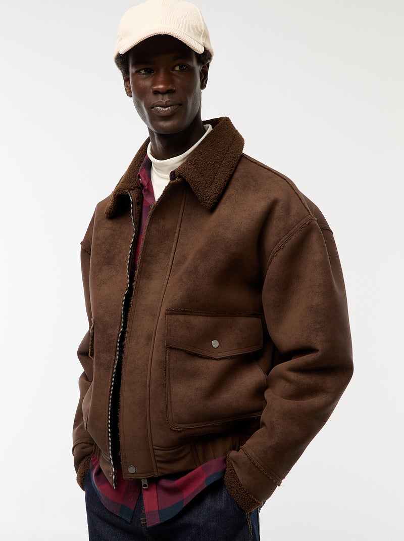 Blusão de aviador estilo pele com gola efeito shearling Castanho - Kiabi