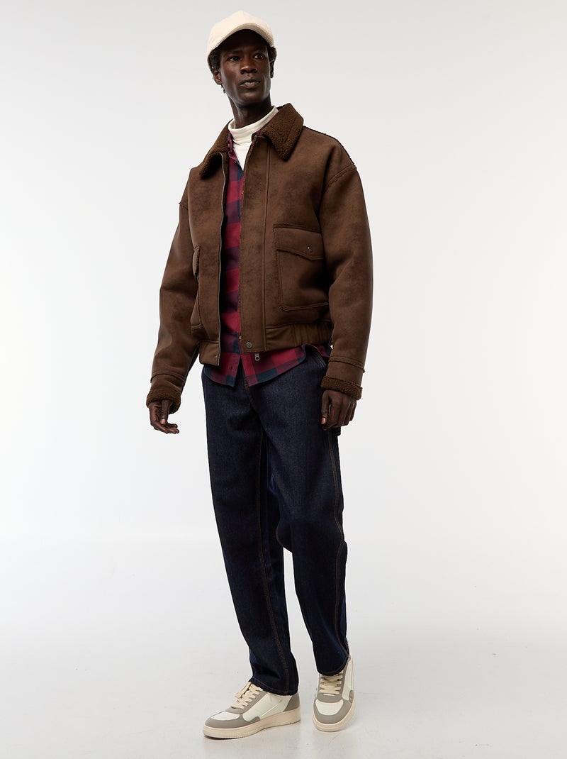 Blusão de aviador estilo pele com gola efeito shearling Castanho - Kiabi