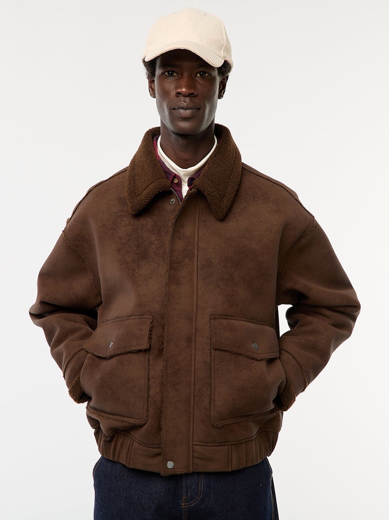 Blusão de aviador estilo pele com gola efeito shearling Castanho - Kiabi