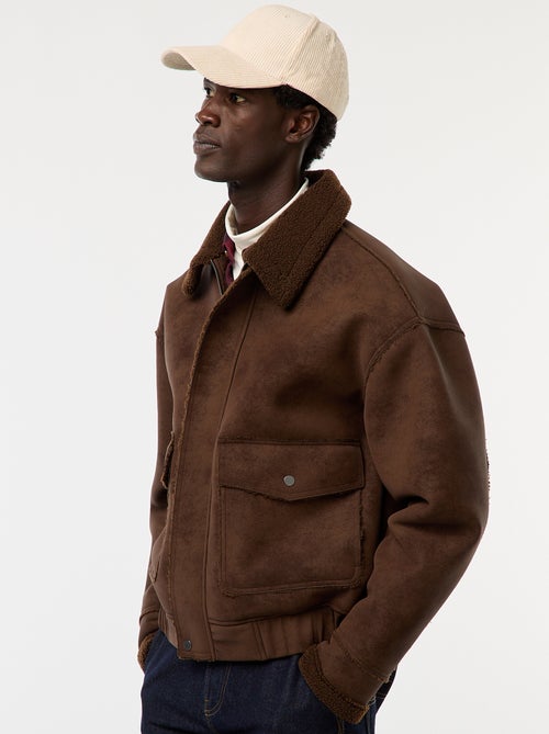 Blusão de aviador estilo pele com gola efeito shearling - Kiabi