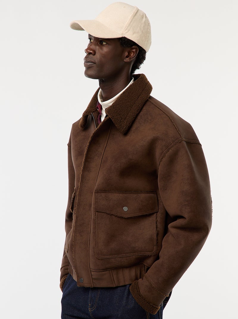 Blusão de aviador estilo pele com gola efeito shearling Castanho - Kiabi