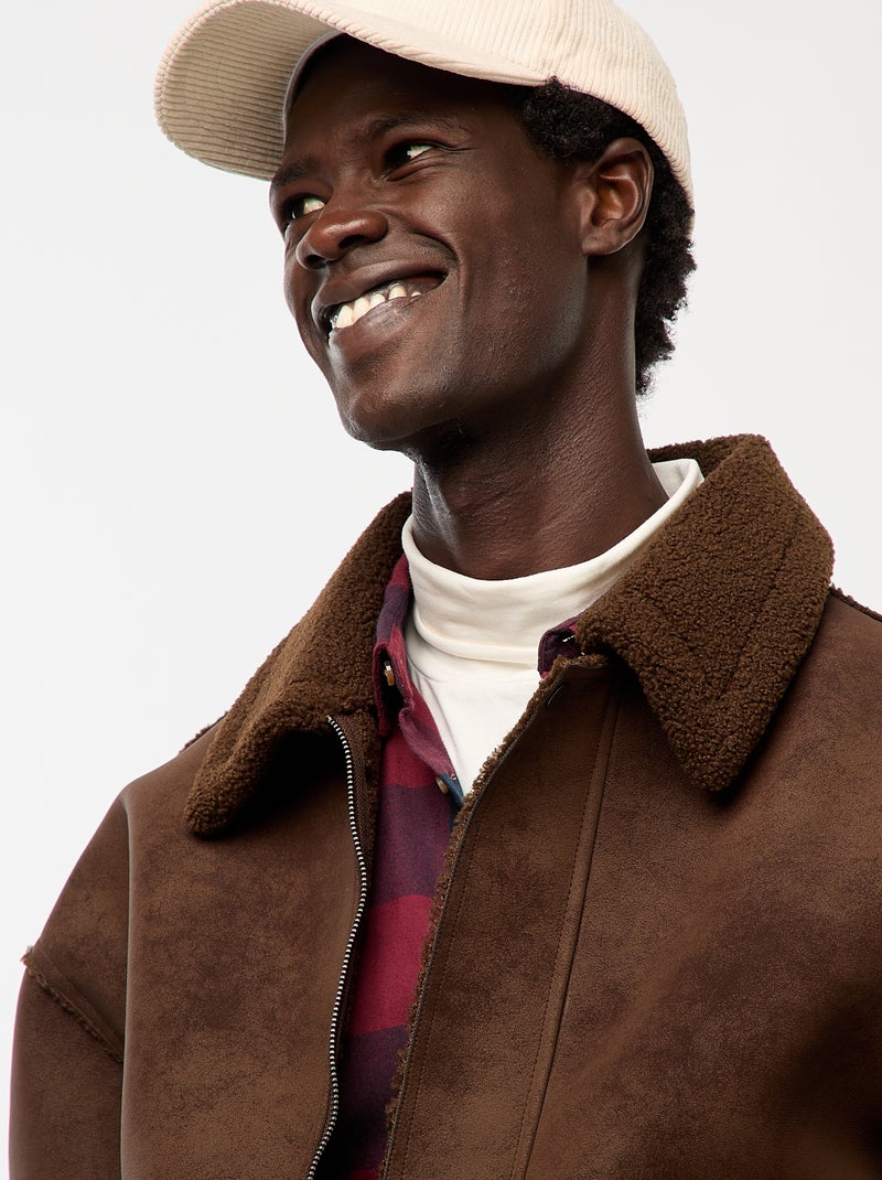 Blusão de aviador estilo pele com gola efeito shearling Castanho - Kiabi