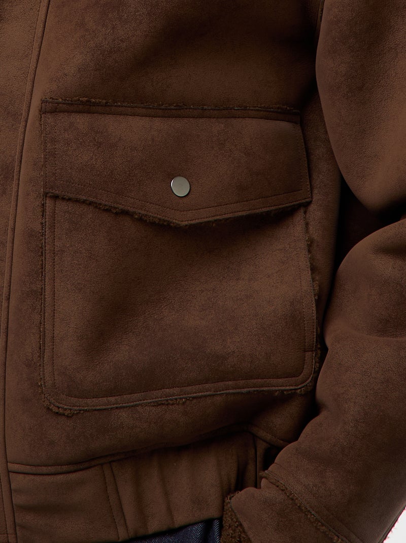 Blusão de aviador estilo pele com gola efeito shearling Castanho - Kiabi