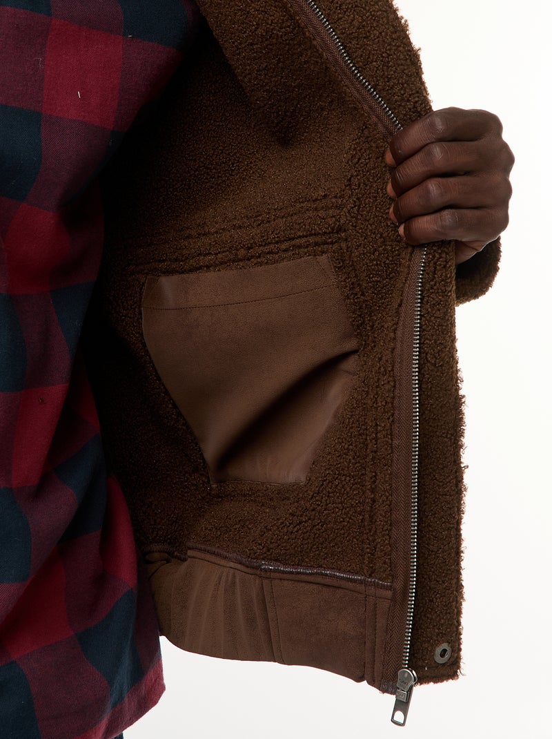 Blusão de aviador estilo pele com gola efeito shearling Castanho - Kiabi