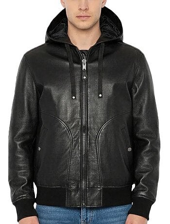 Blusão de Couro Preto com Capuz para Homem Schott LCHOOD