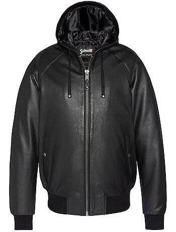 Blusão de Couro Preto para Homem Schott com Capuz