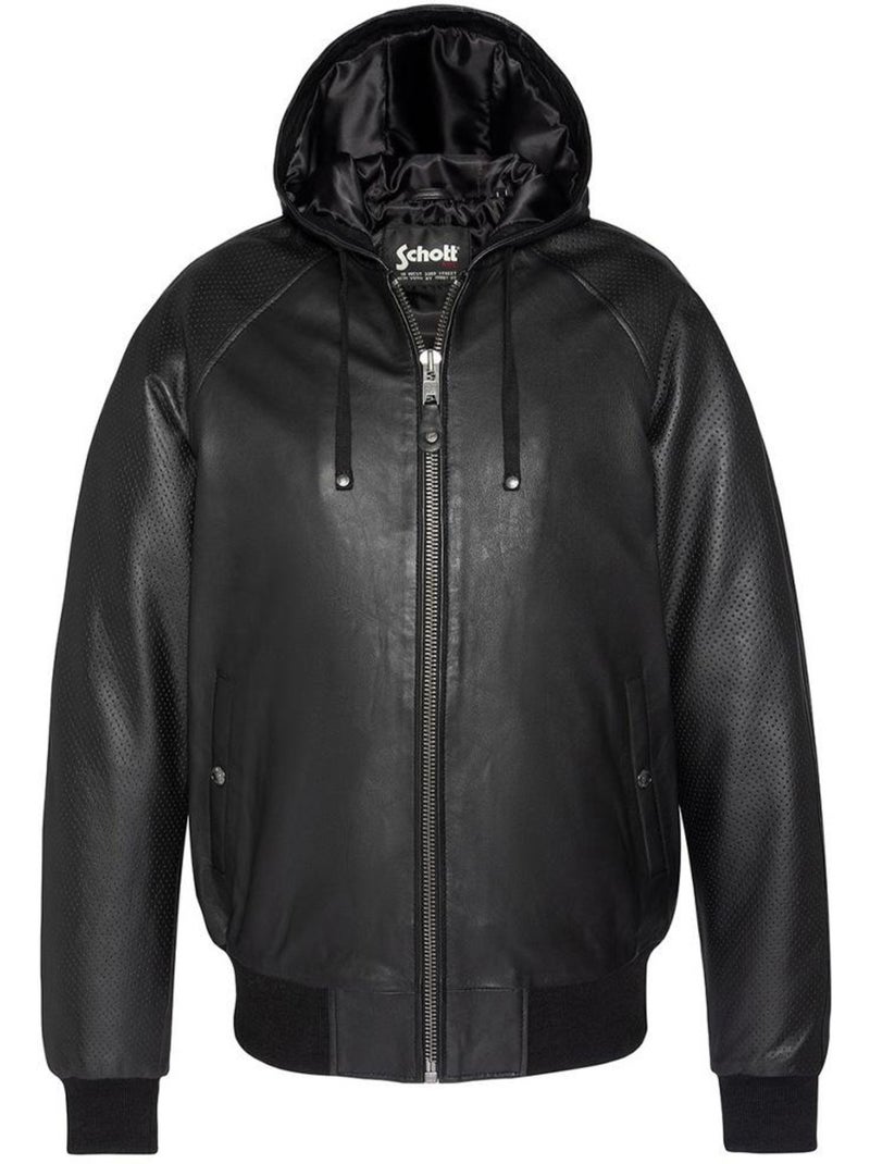 Blusão de Couro Preto para Homem Schott com Capuz Preto - Kiabi