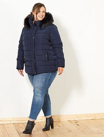 Blusão de penas com fecho com capuz e pelo falso - Kiabi