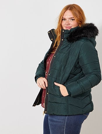Blusão de penas com fecho com capuz e pelo falso - Kiabi