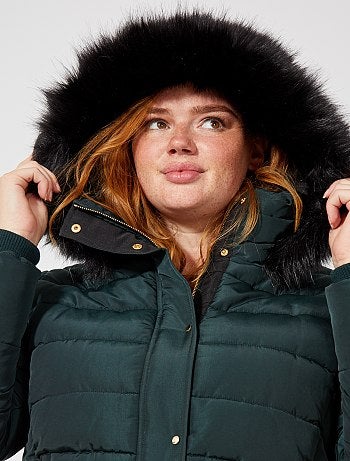 Blusão de penas com fecho com capuz e pelo falso - Kiabi