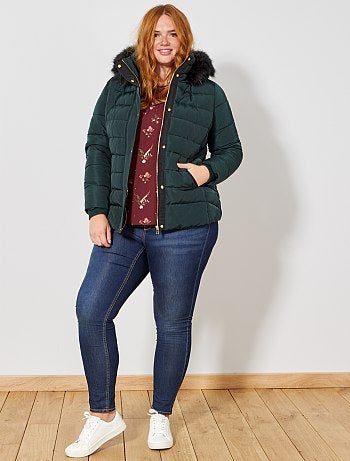 Blusão de penas com fecho com capuz e pelo falso - Kiabi