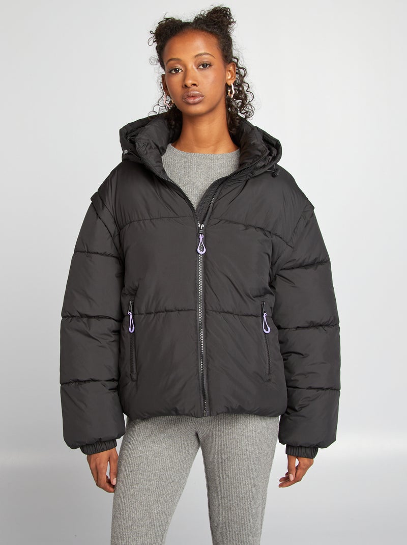 Blusão de penas puffy com mangas e capuz amovíveis Preto - Kiabi